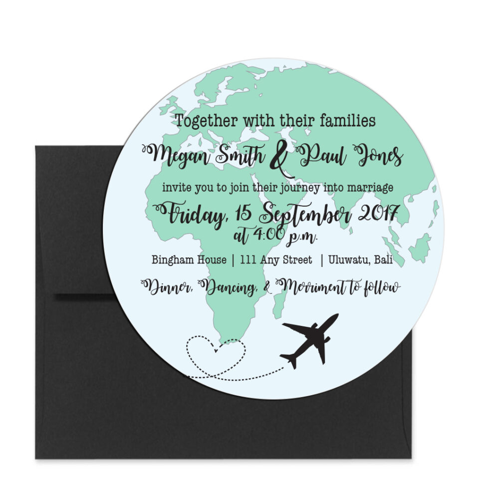 travel invite in globe shape on white background with black envelope