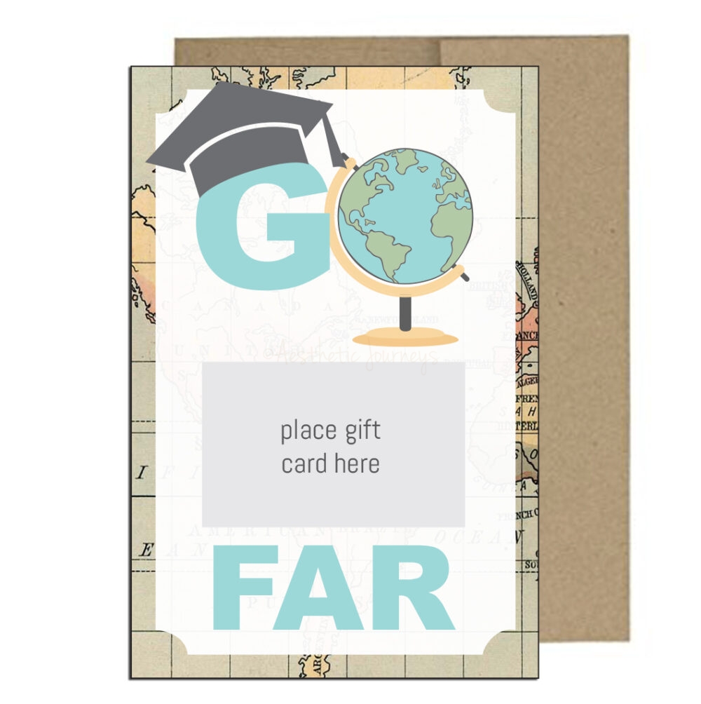 Graduation Gift Card Holder in travel theme on white background with brown envelope