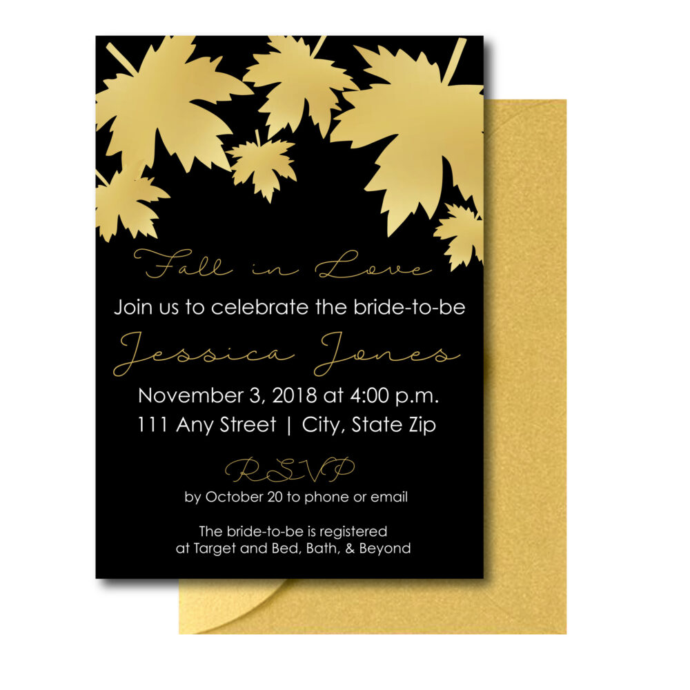Gold and Black party invite for bridal shower on white background with gold envelope