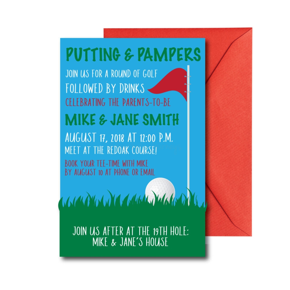 golf party invitation on white background with red envelope