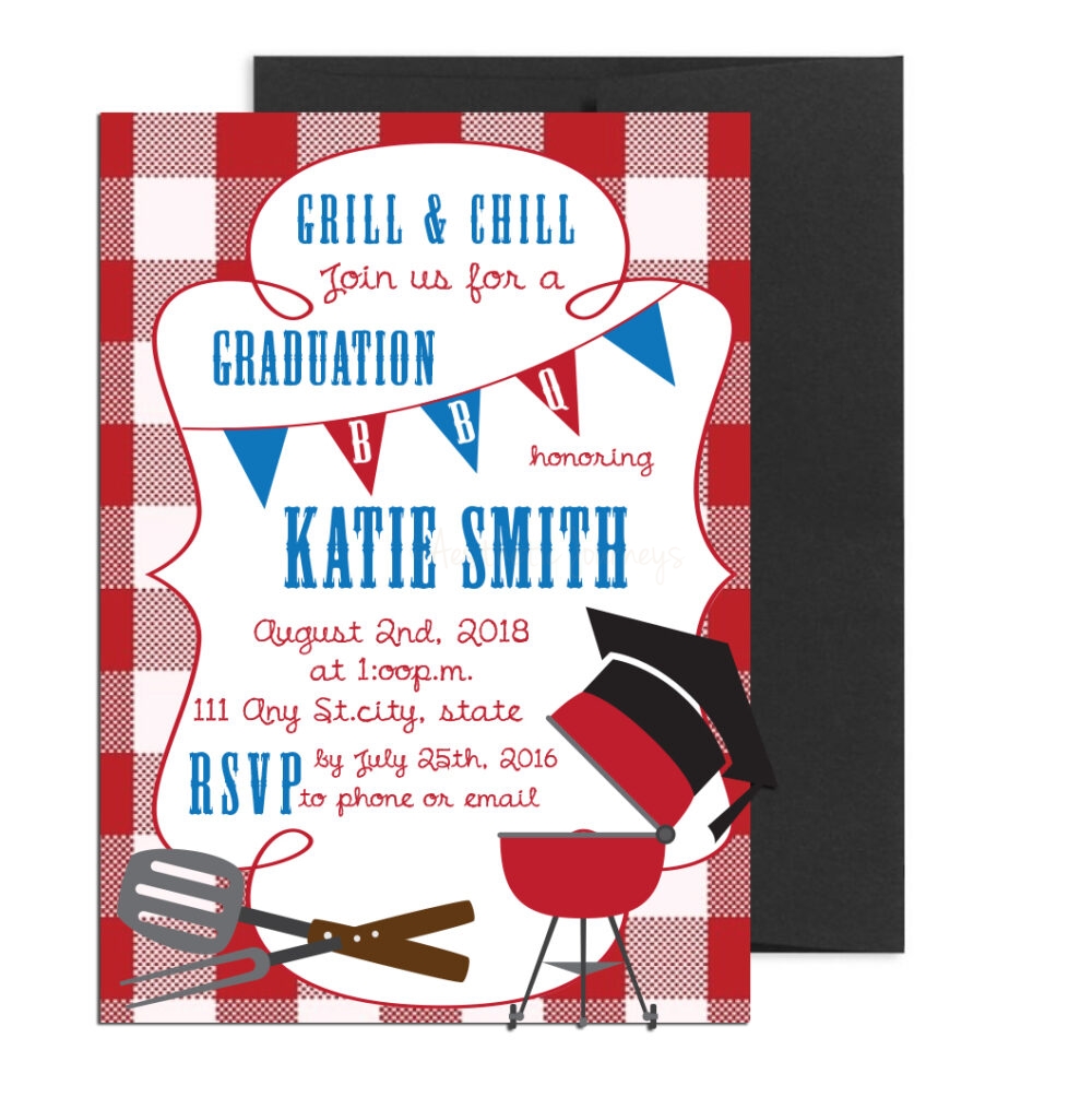Grill and chill graduation invite on white background with black envelope
