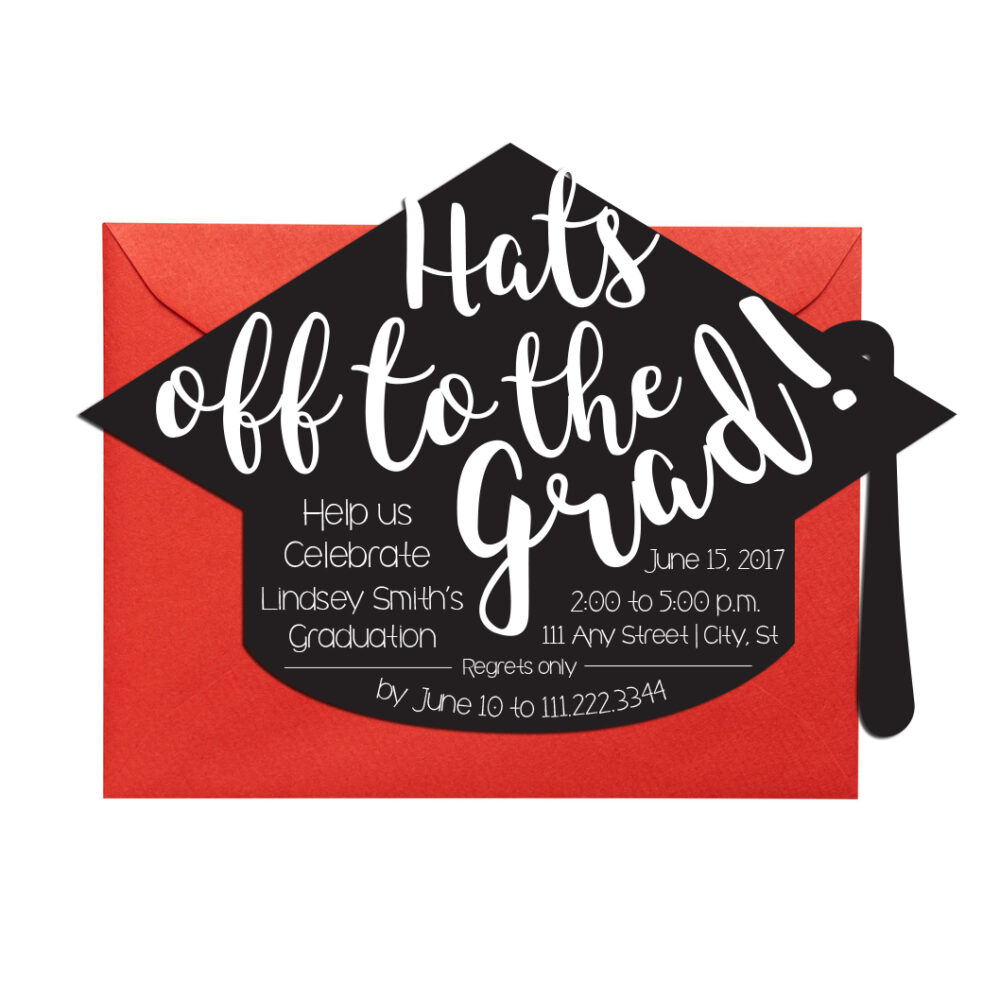 black and white grad party invite on white background with red envelope