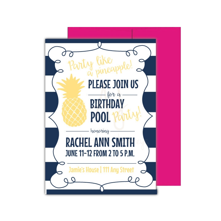 party like a pineapple invitation with pink envelope on white background