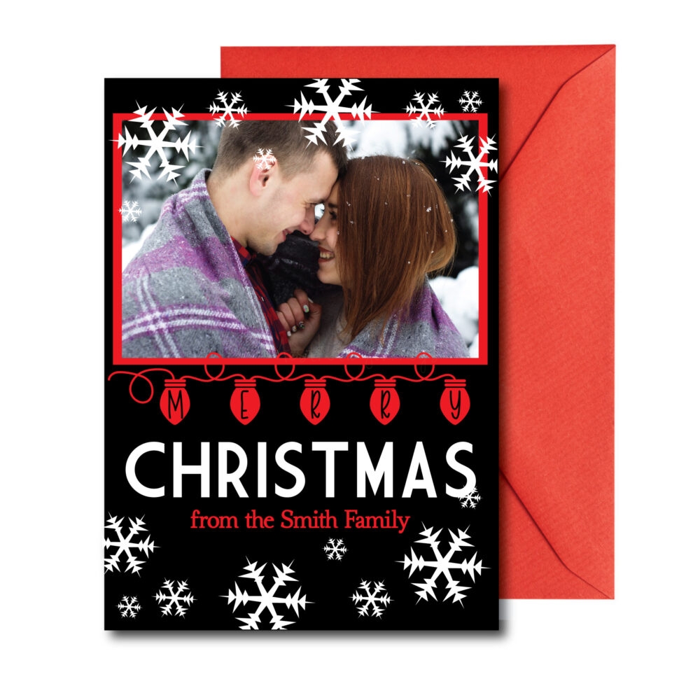Black and Red Christmas Card with red envelope on white background