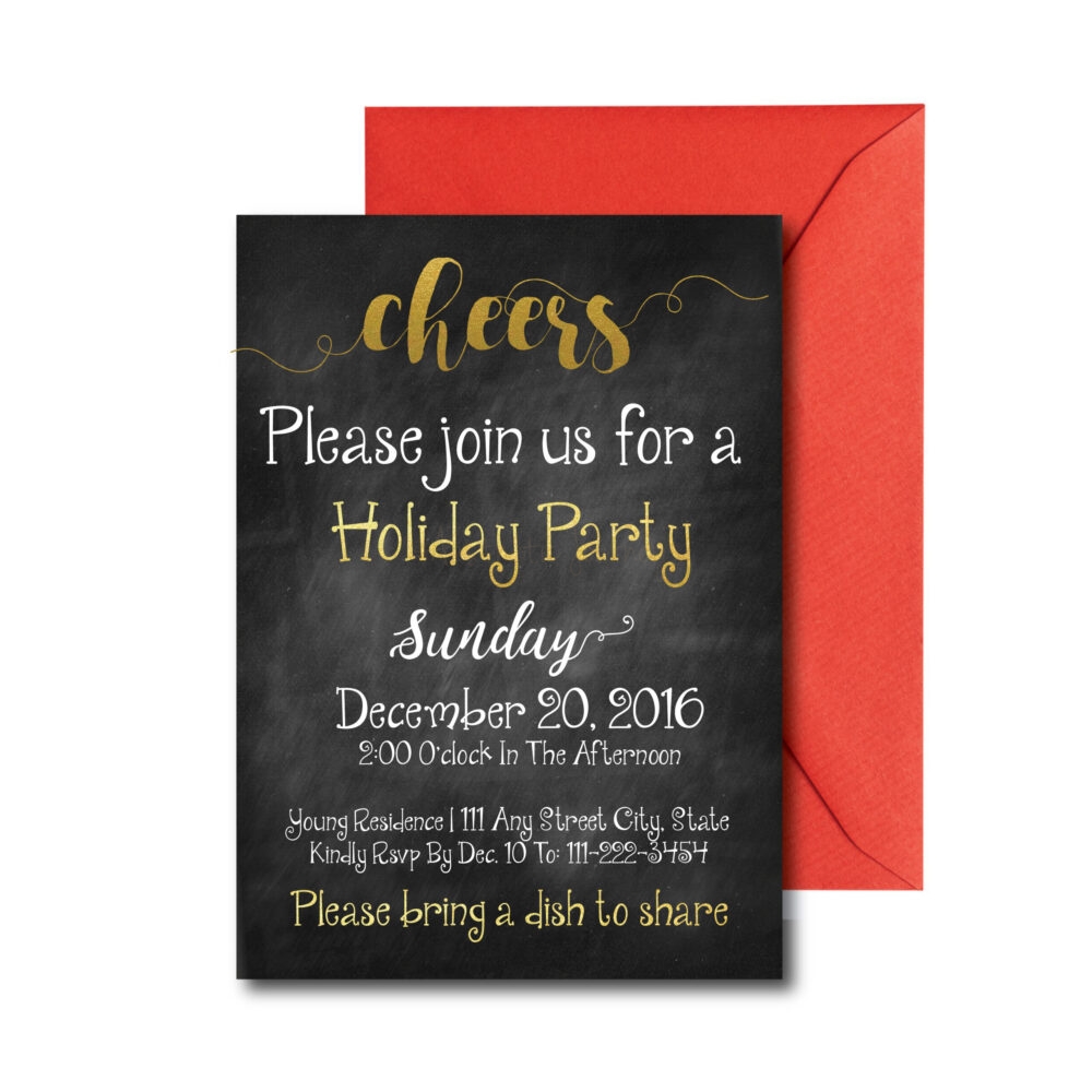 Black and Gold Holiday Party Invite on white background with red envelope