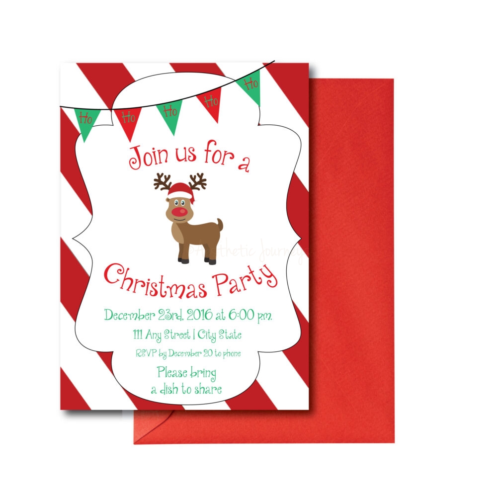 candy can invite with reindeer on white background with red envelope
