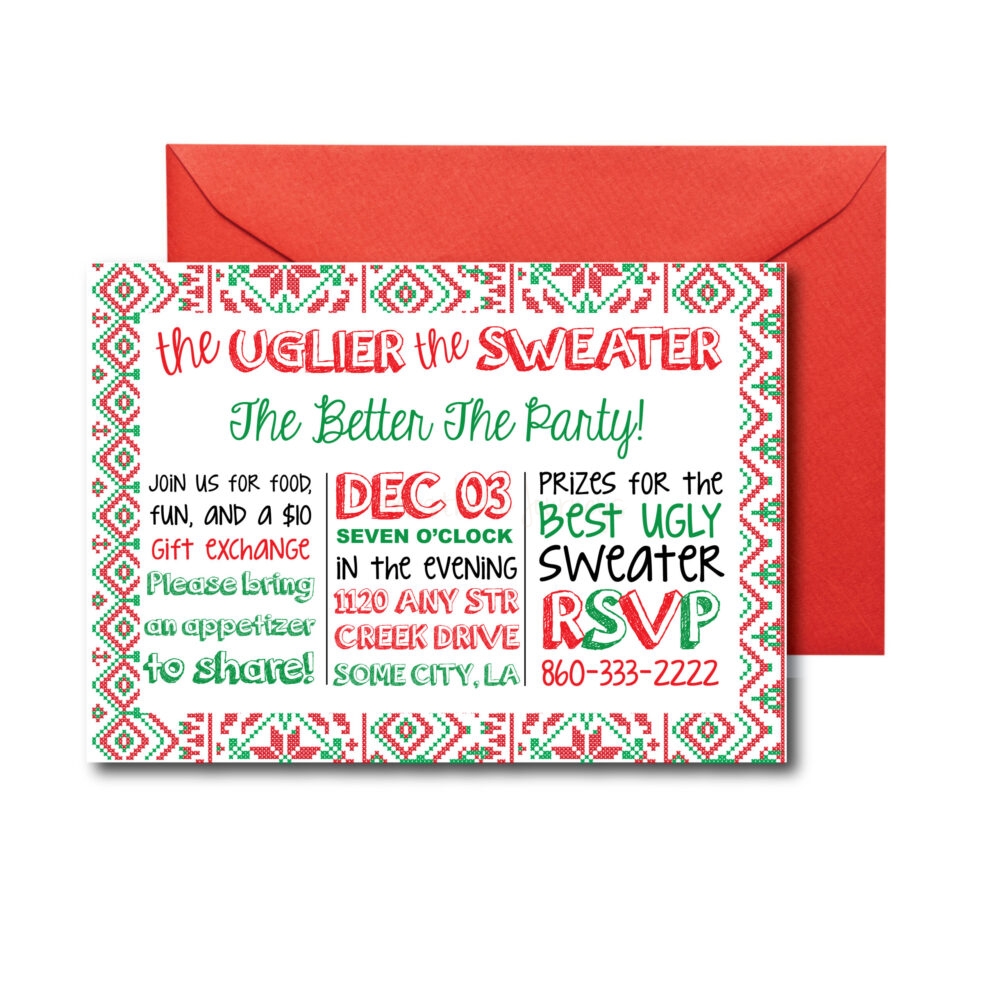 Ugly Sweater Invite on white background with red envelope