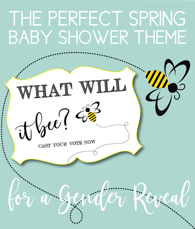 Party themes for spring on teal background with bee graphic