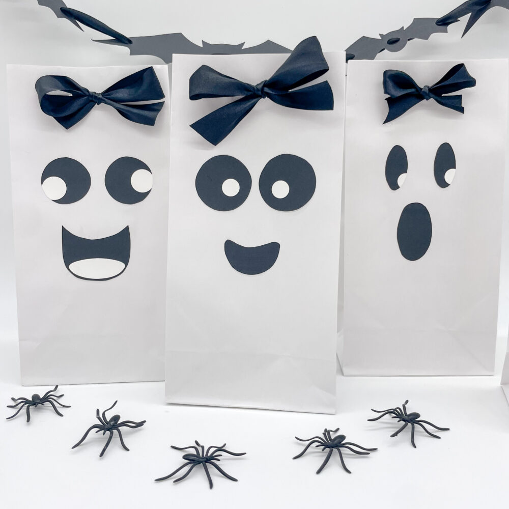 set of 3 boo bags with ghost faces on white background