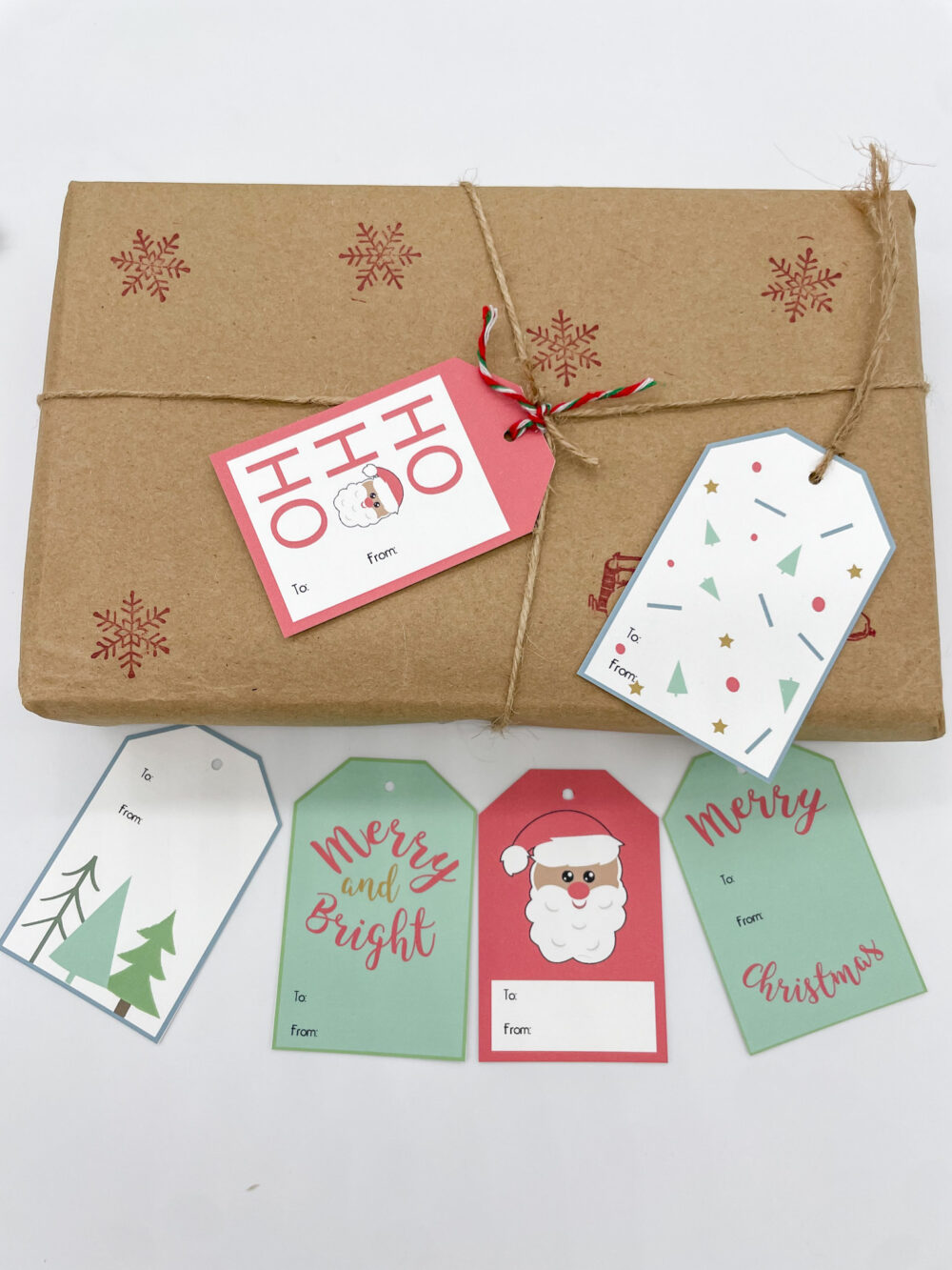 christmas tags on kraft paper package on white background