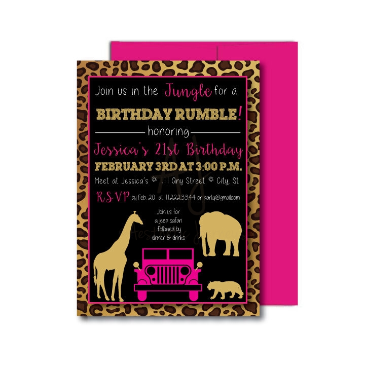 Jungle birthday Party Invite on white background with hot pink envelope