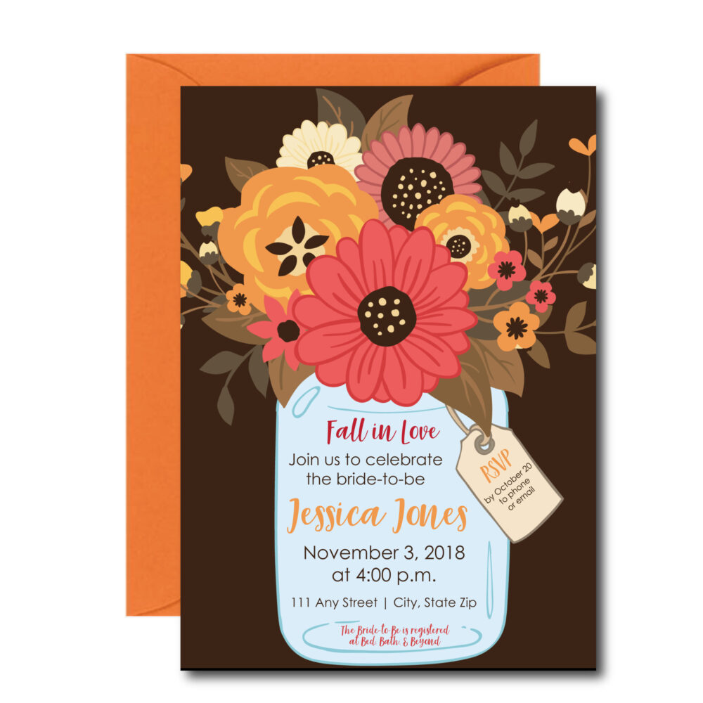 fall in love bridal shower invite on white background with orange envelope