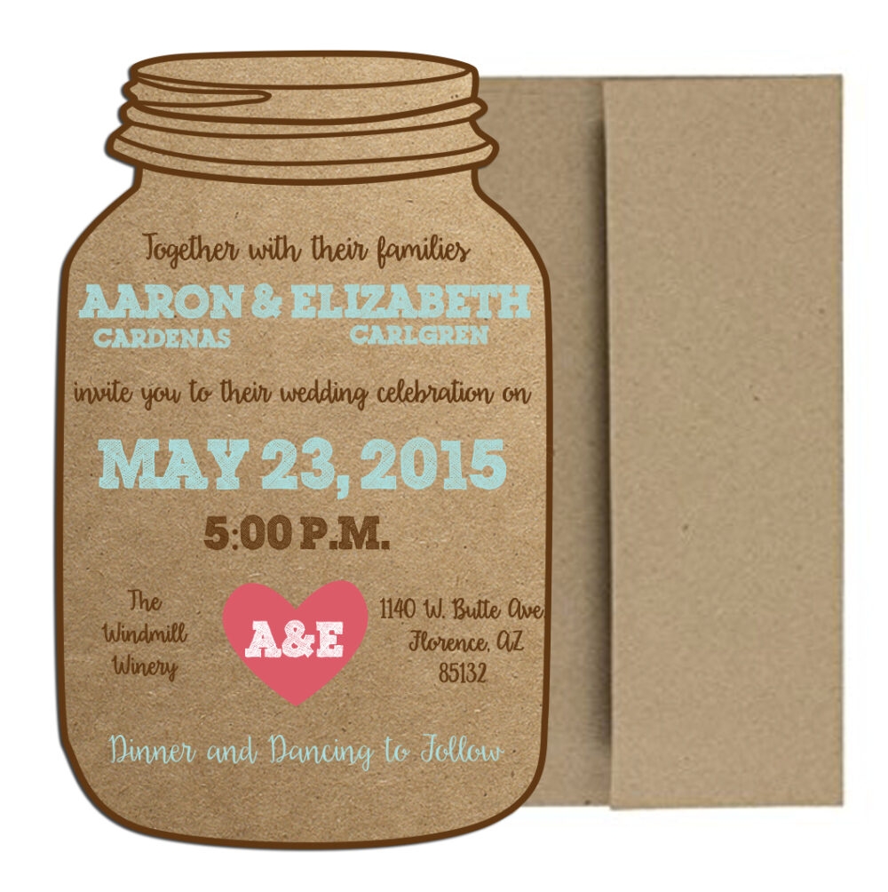 mason jar wedding invite on white background with brown envelope