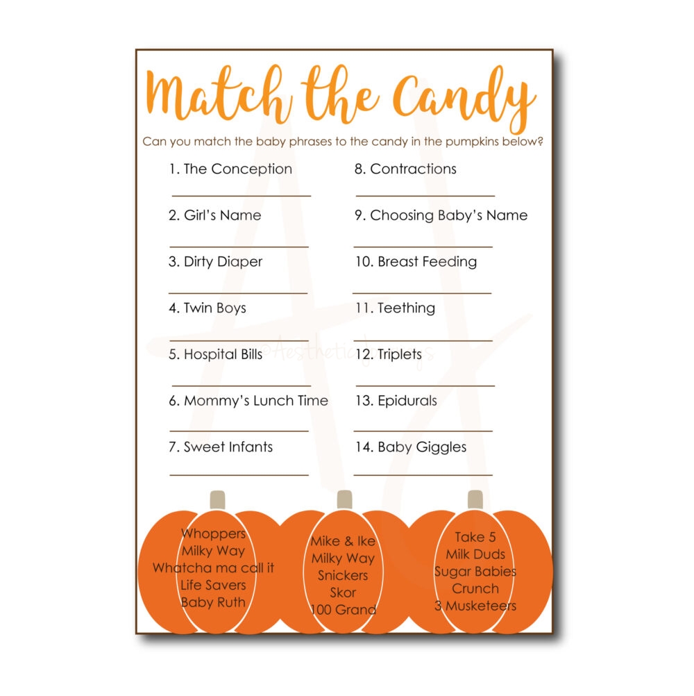 Match the Candy fall theme Baby Shower Game on white background