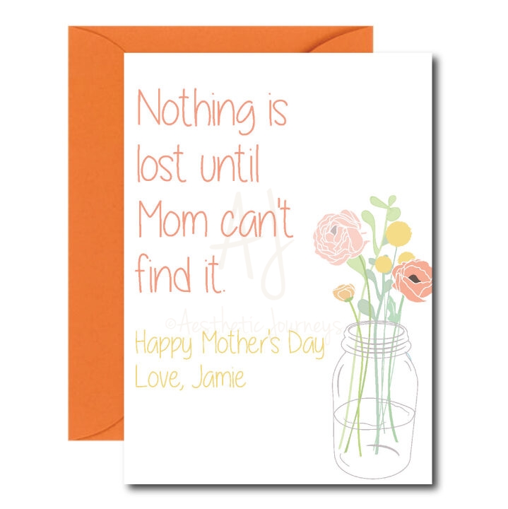Funny mother's day card with orange envelope on white background