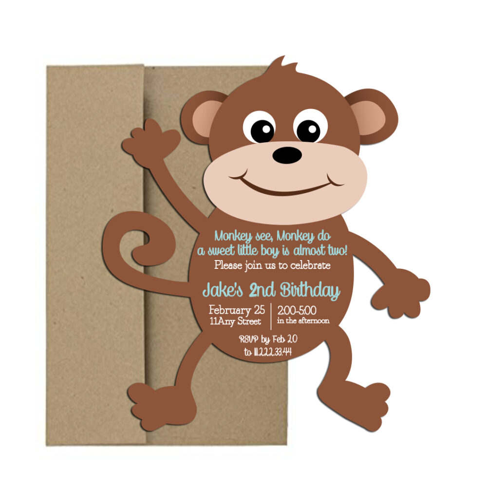 Monkey invites on white background with brown envelope