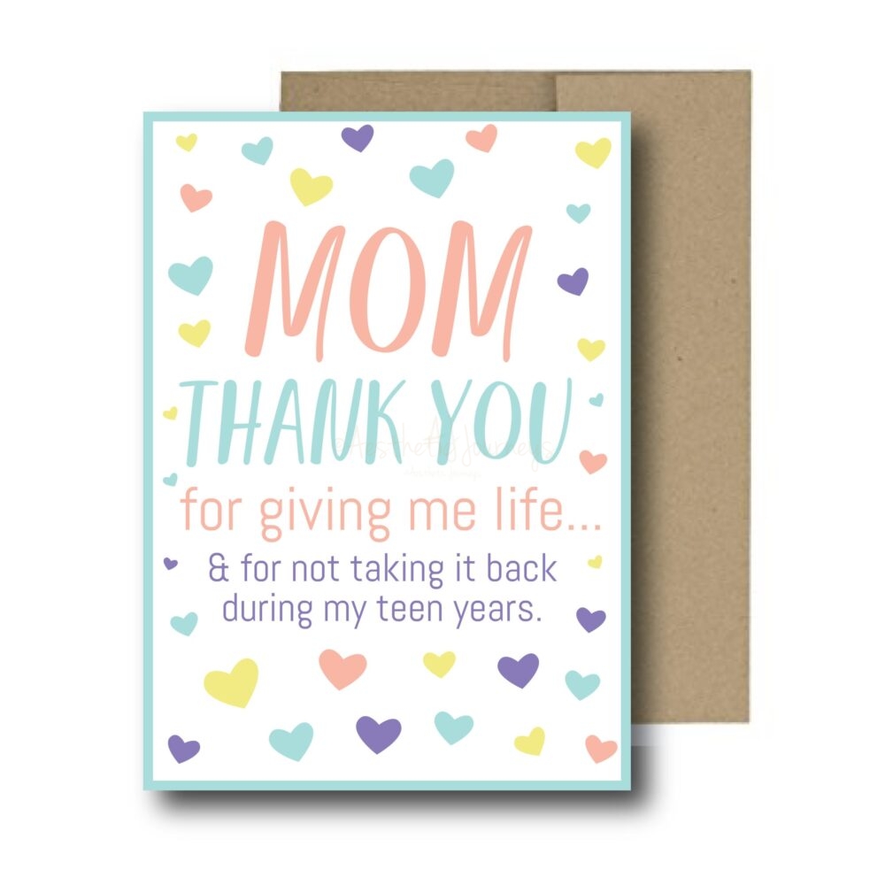 Thank You Card for Mom with brown envelope on white background
