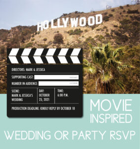 Non traditional wedding RSVP wording and design for the movie-loving couple. RSVP comes in the shape of a clapperboard