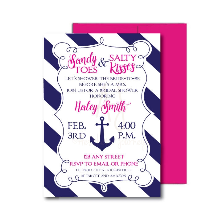 Nautical Bridal Shower Invite on white background with hot pink envelope