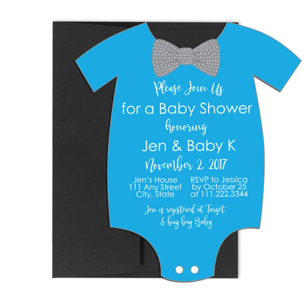 bow tie party invite for baby shower in onesie shape with black envelope on white background
