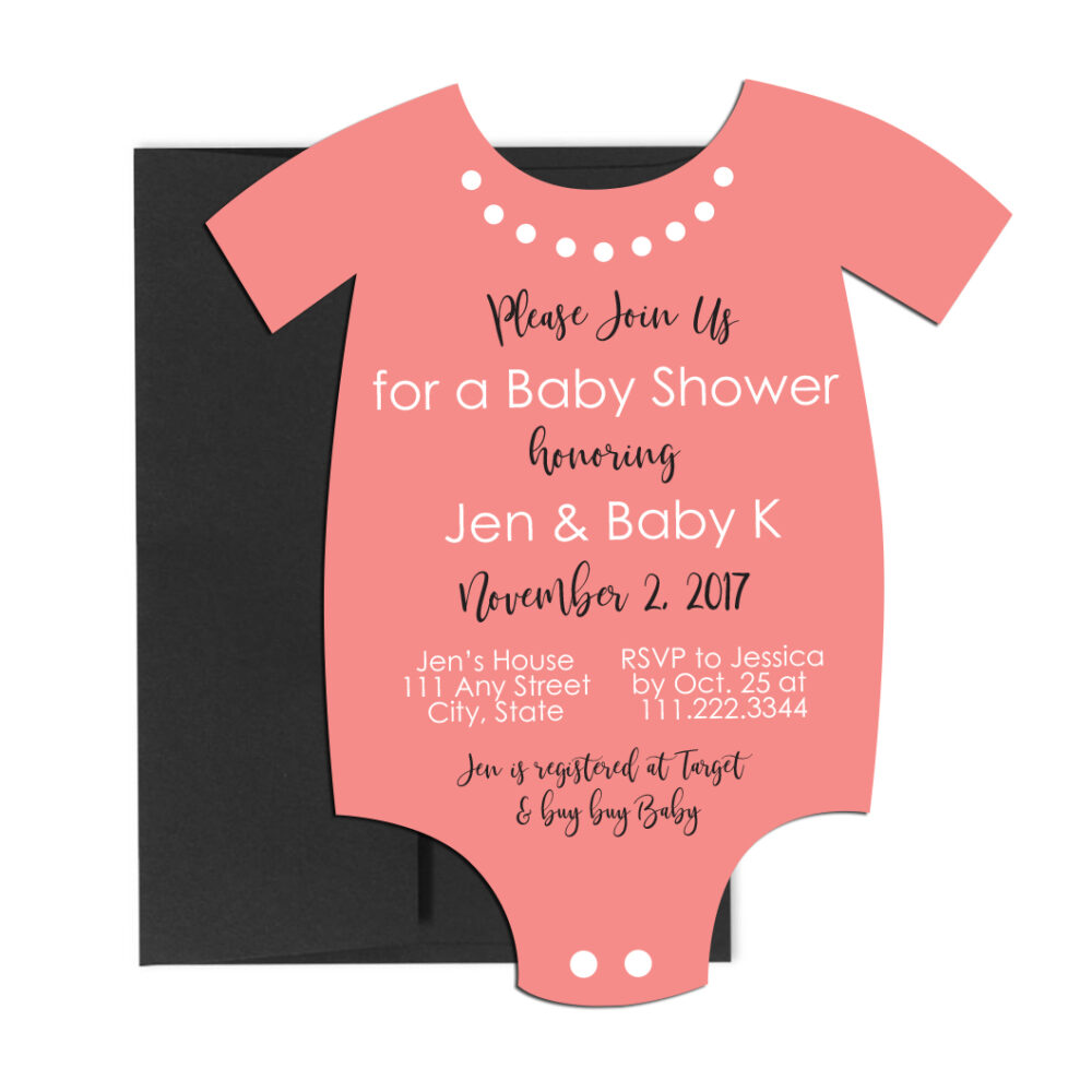 onesie invite in pink for baby shower on white background with black envelope
