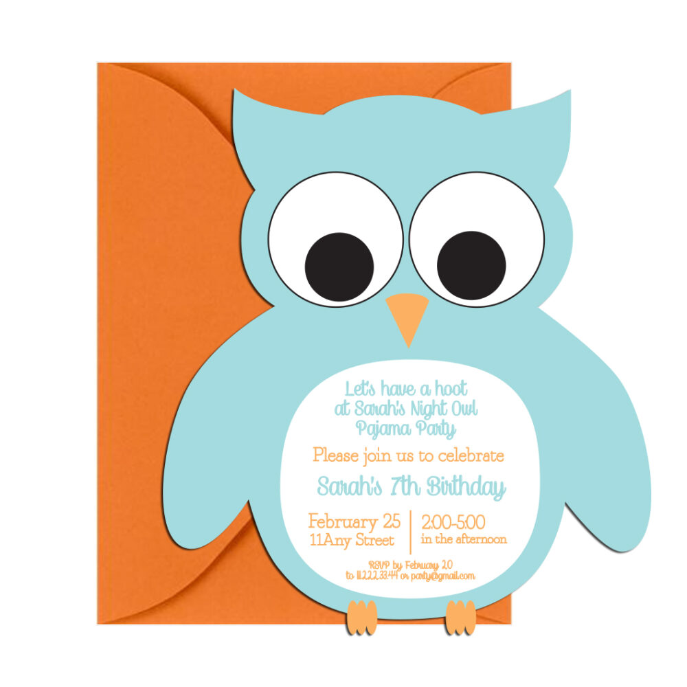 owl themed birthday party invite on white background with orange envelope