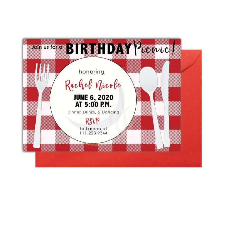 Picnic Party Invite on white background with red envelope