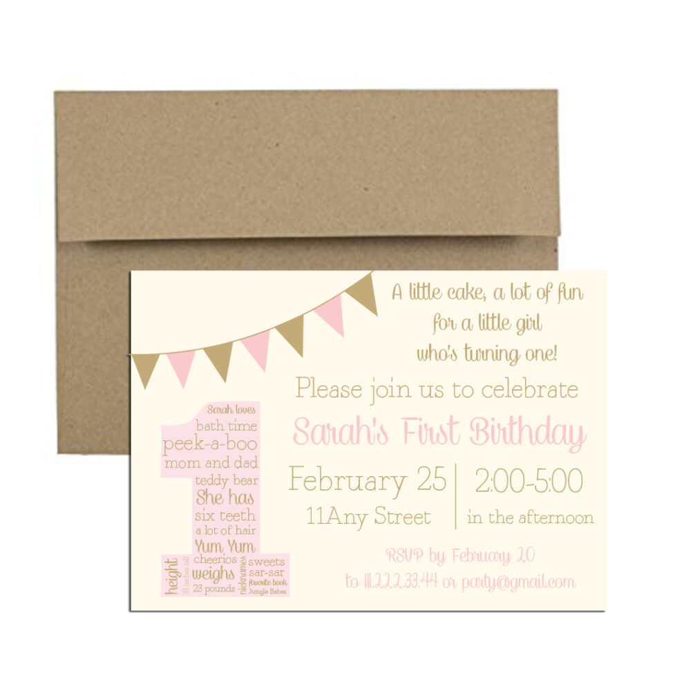 pink and gold birthday invite on white background