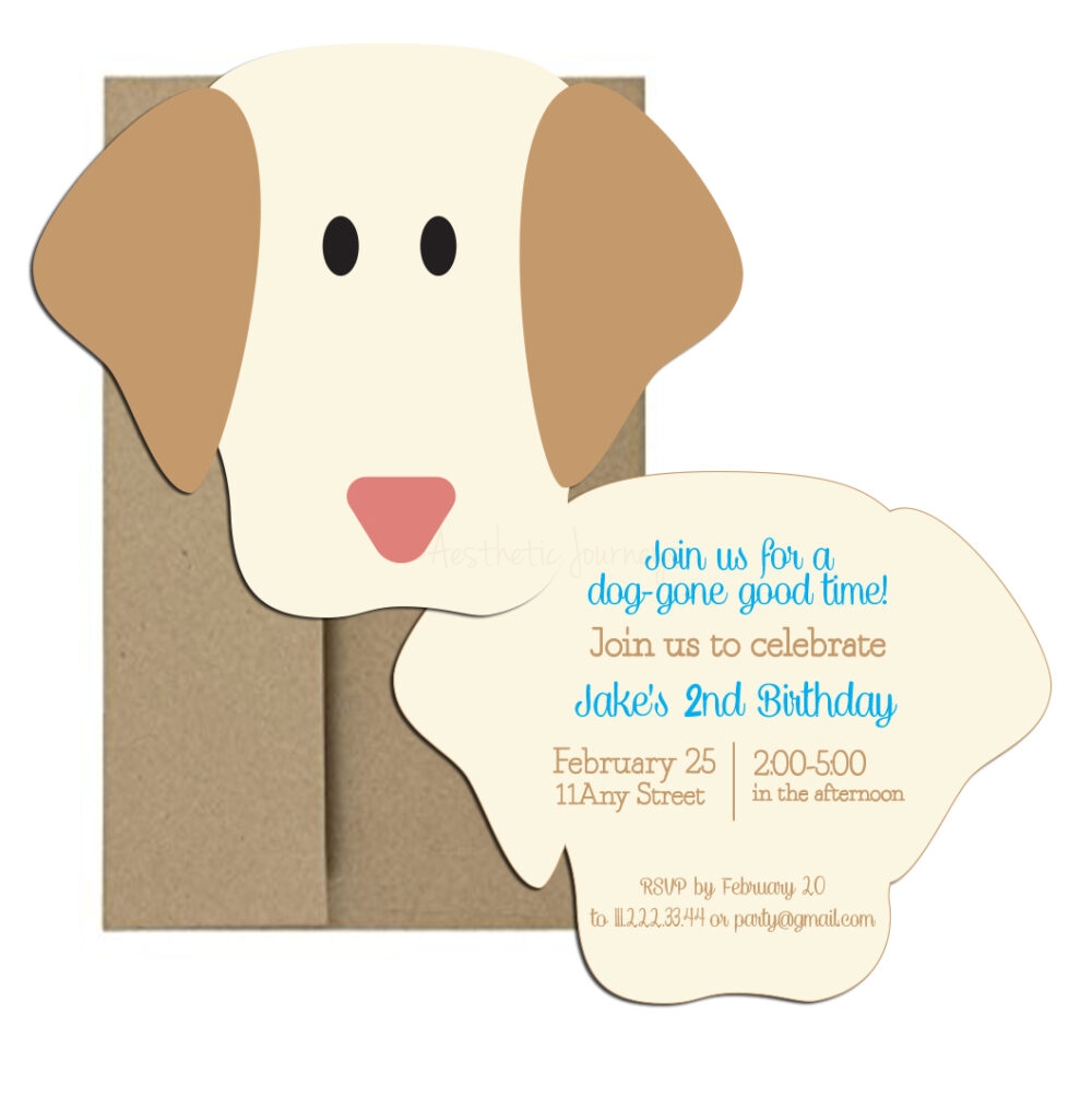 Puppy party invite on white background with brown envelope