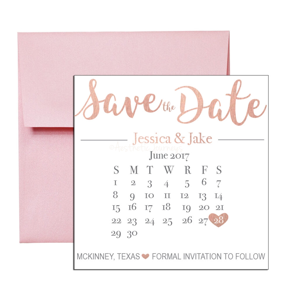 rose gold magnet save the date on white background with pale pink envelope