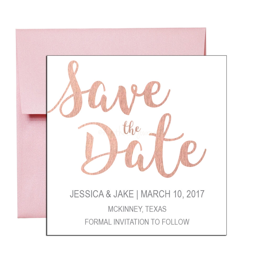 rose gold invitation save the date with pink envelope on white background