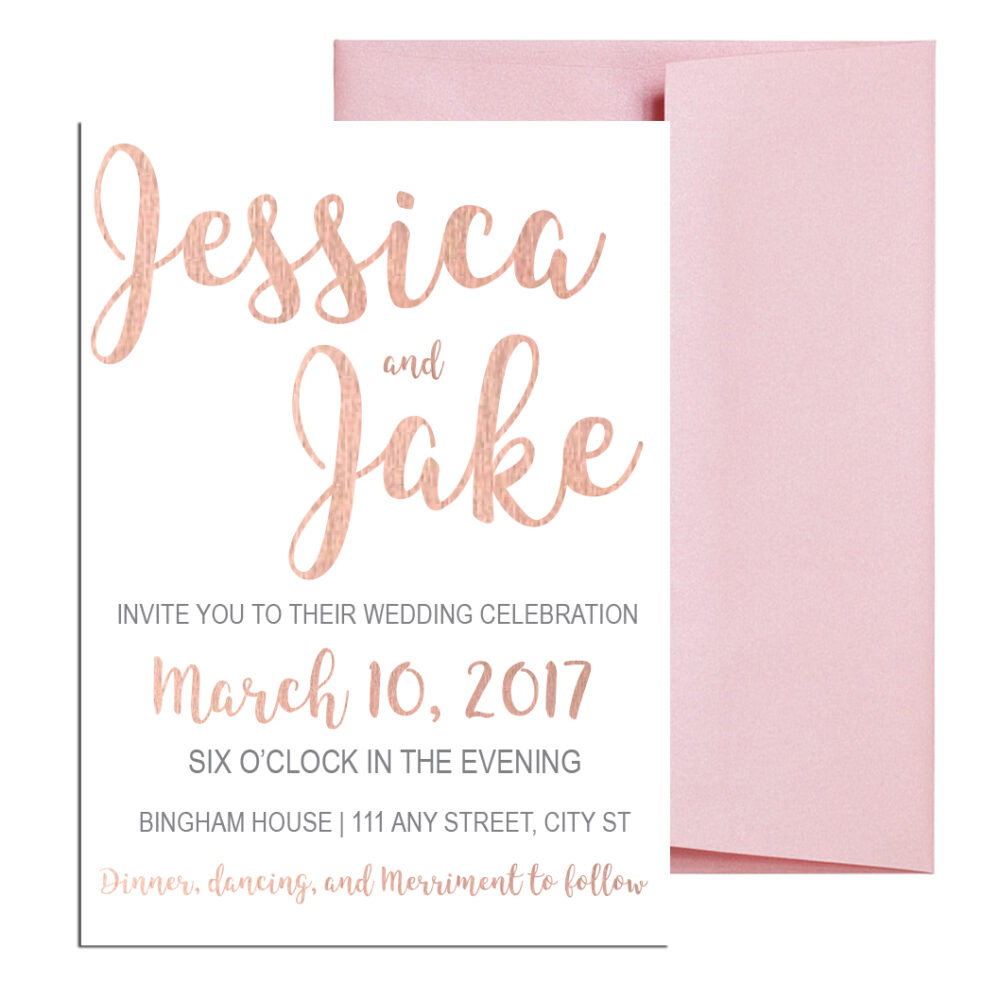 rose gold wedding invite on white background with pale pink envelope