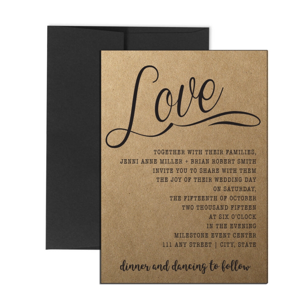 personalized wedding invites with Rustic Cursive design on white background with black envelope