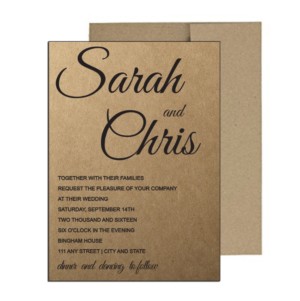 simple wedding invite with rustic background on a white background with brown envelope