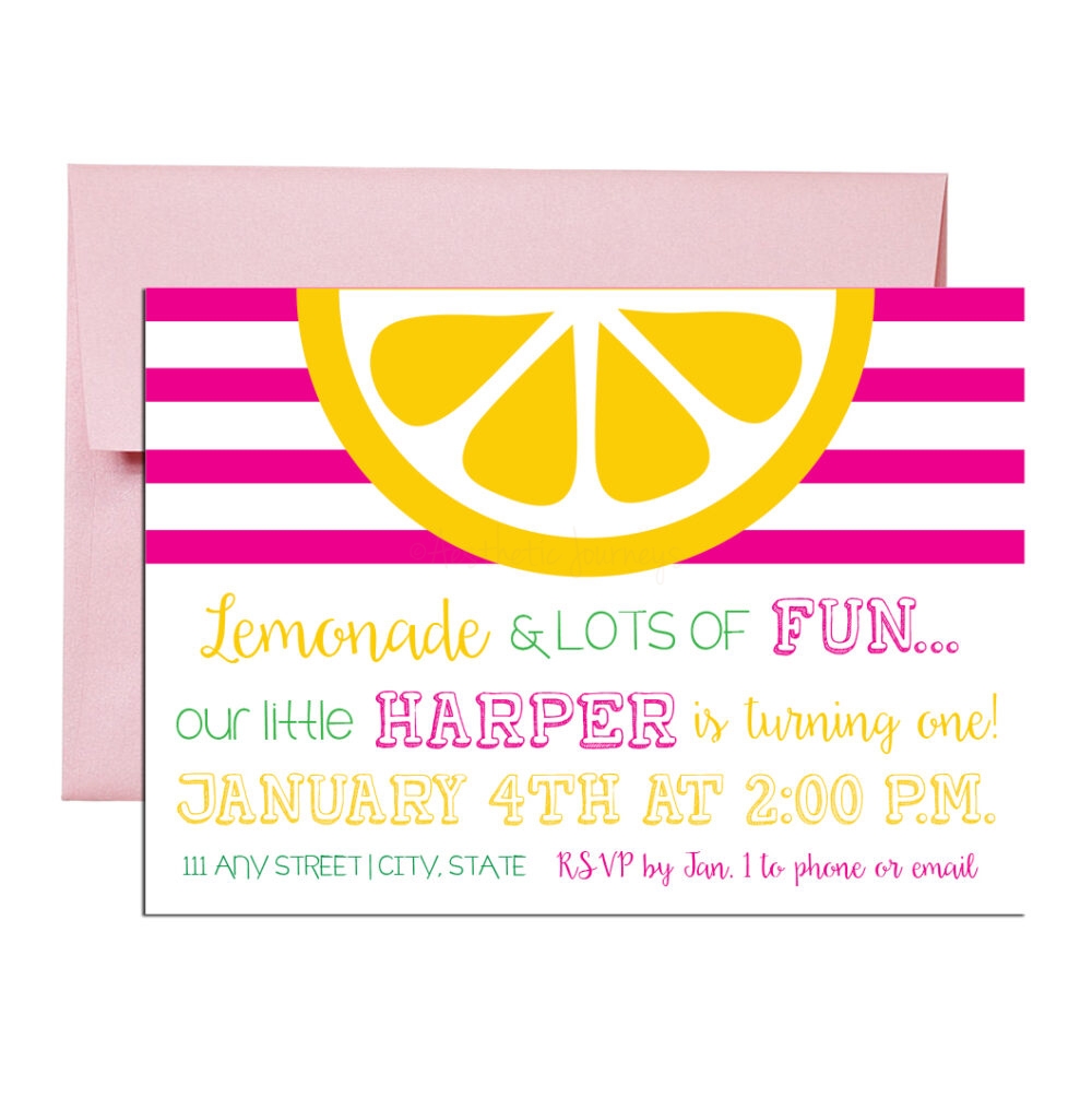 sunshine birthday party invite on white background with pale pink envelope