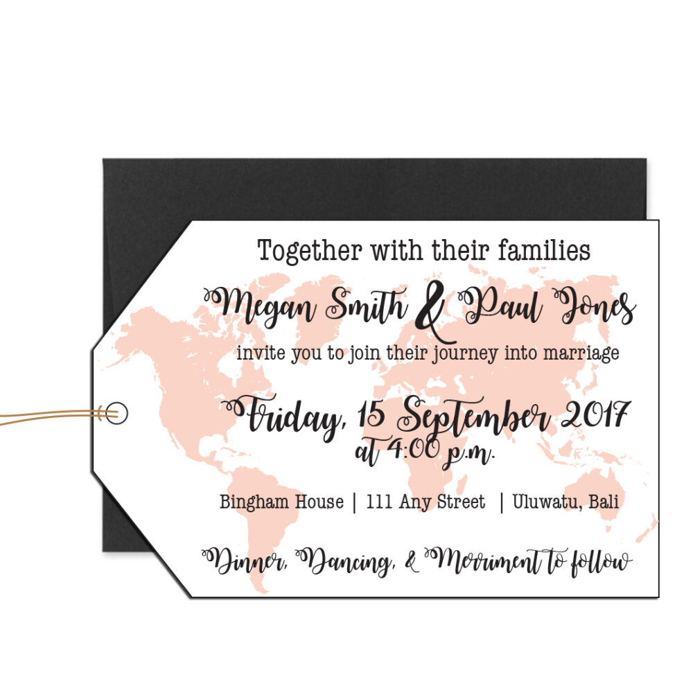 Travel wedding invite in luggage tag shape on white background with black envelope