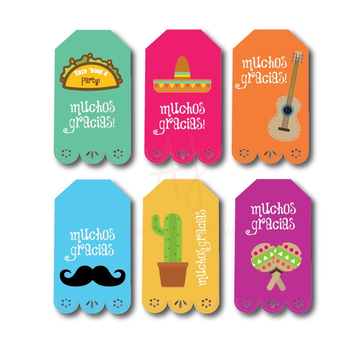 Fiesta supplies party favor tags on white background