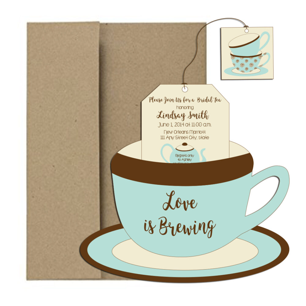bridal tea party invite in tea cup shape with brown envelope on white background