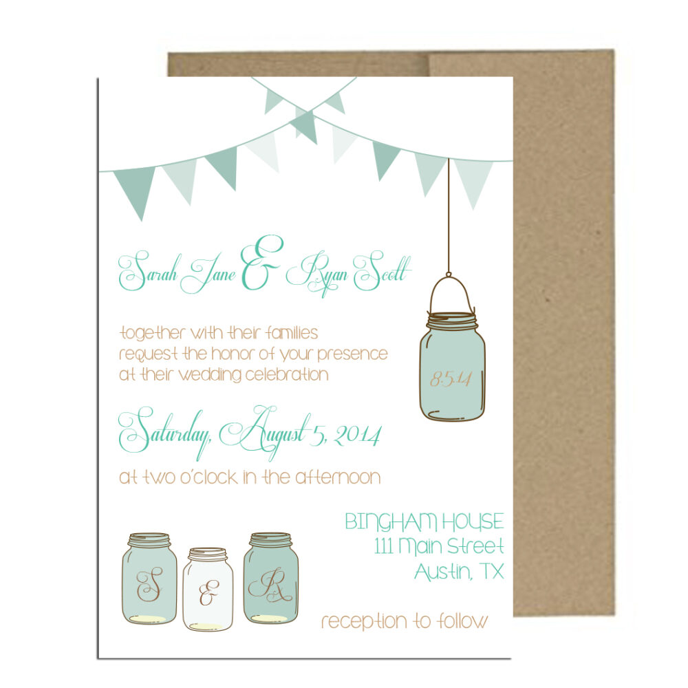 Teal wedding invite with brown envelope on white background