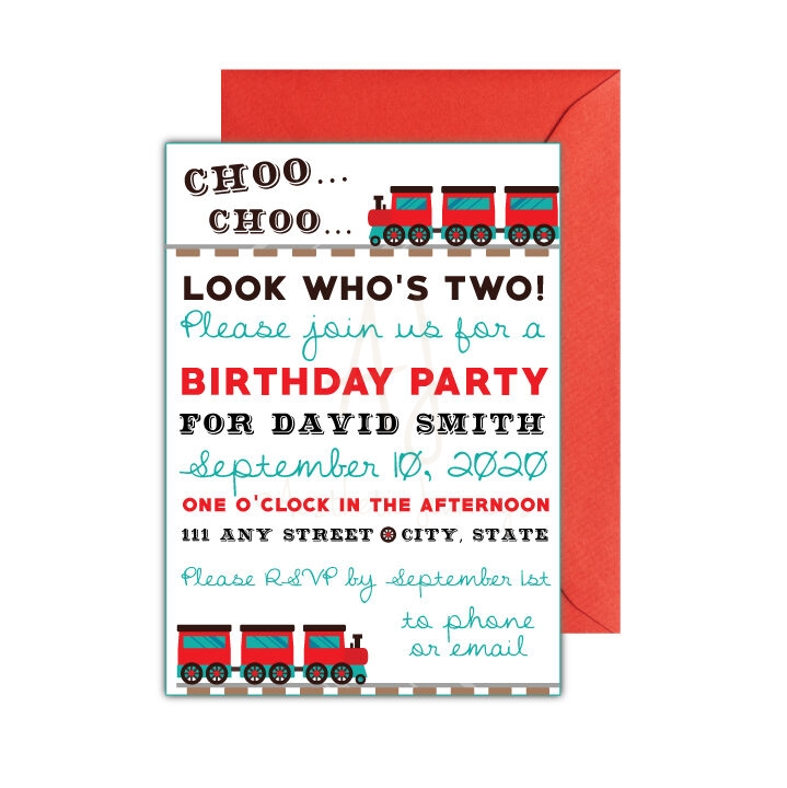 Train birthday Party Invite on white background with red envelope
