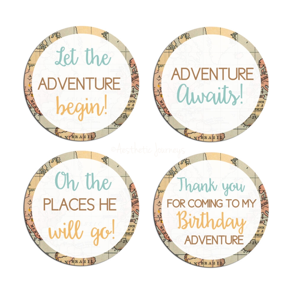 travel party favor stickers on white background with map design