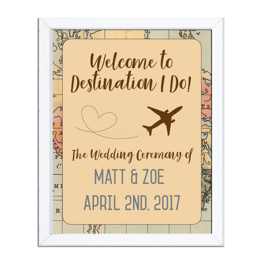 wedding welcome sign in travel theme on white background