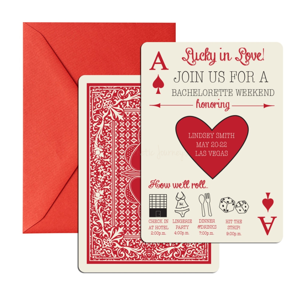 card-shaped game night invite on white background with red envelope