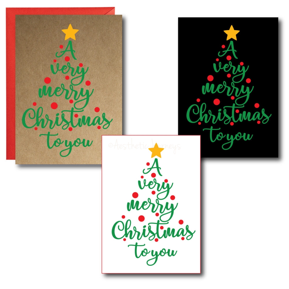 Christmas tree cards in three styles on white background with red envelope