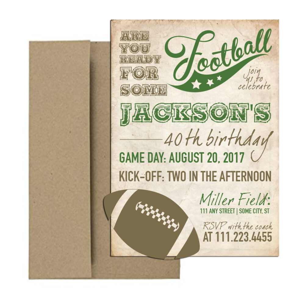 Vintage Football invitation on white background with brown envelope