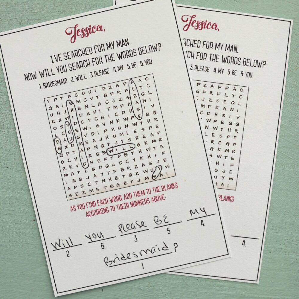 Unique Bridesmaid Proposal Card word search on teal background