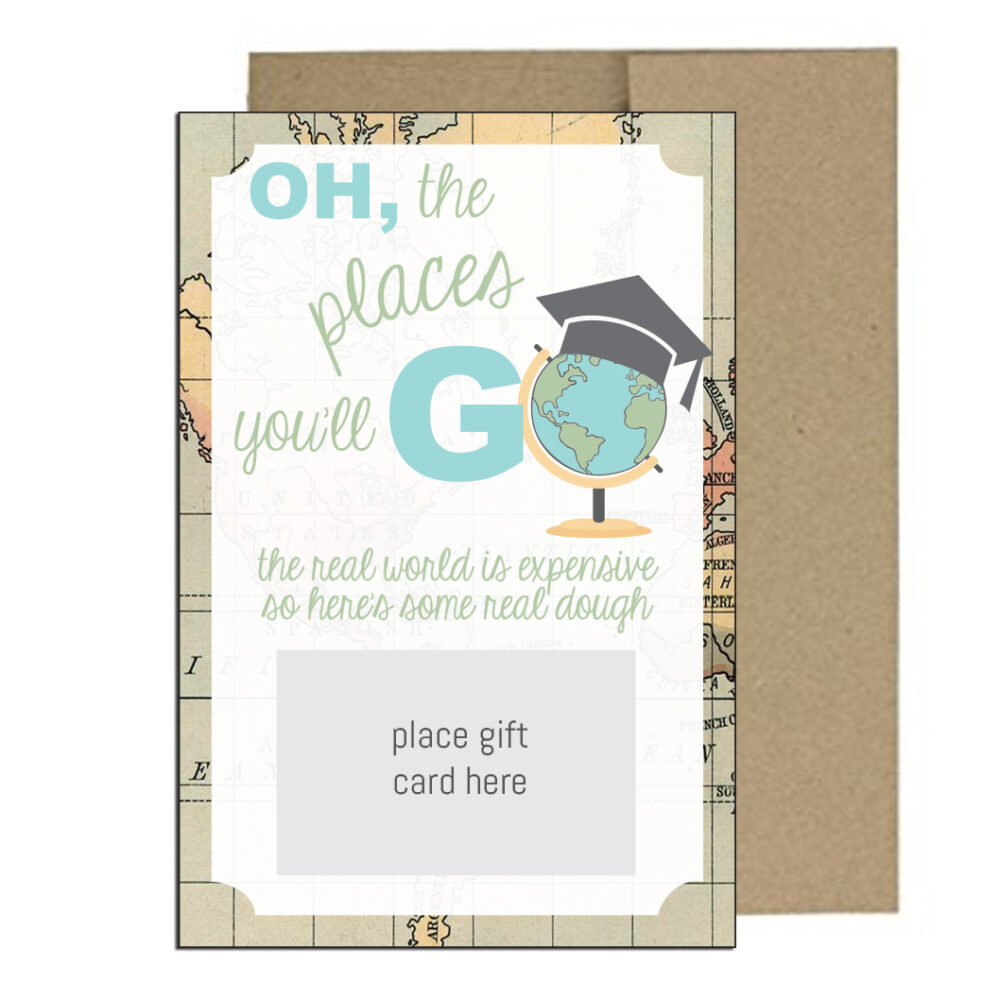 Travel Themed gift for grad on white background with brown envelope