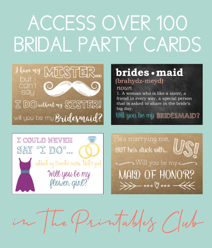 printable bridesmaid proposal cards in the club on a teal background