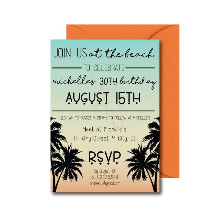 Beach birthday Invite with sunset background and orange envelope