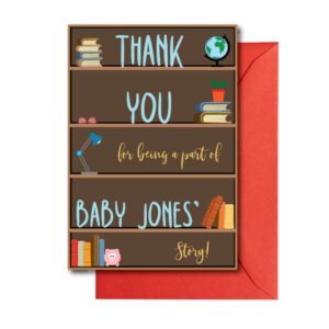 Book themed thank you card for baby shower